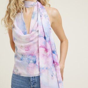 NWT Pink Watercolor Flowers Cowl Halter Neck Scarf Top